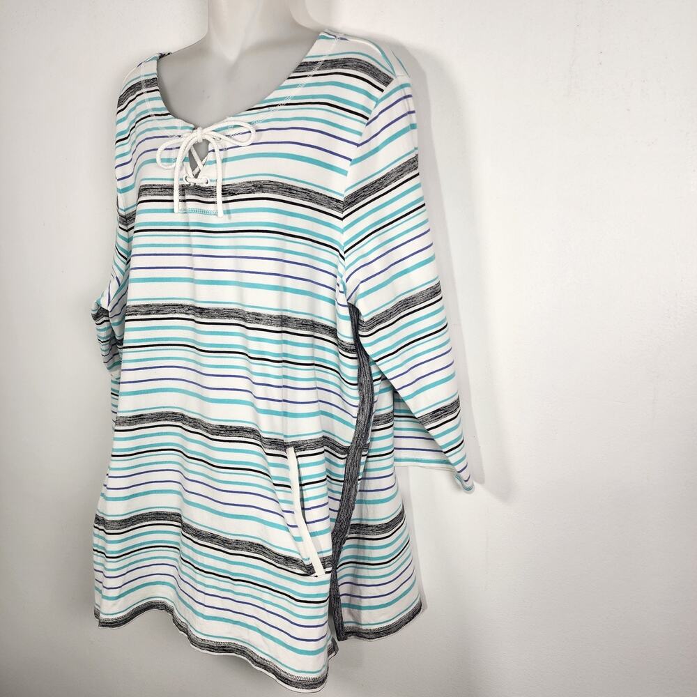 T By Talbots Womens Top Preppy Stripe Laceup Pullover 3/4 Sleeve Relax Pocket 2X - Picture 8 of 12